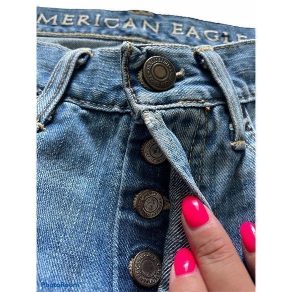 American Eagle Jeans Mens 28x28 Blue Low Rise Boot Cut Distressed Button Fly - Picture 3 of 7